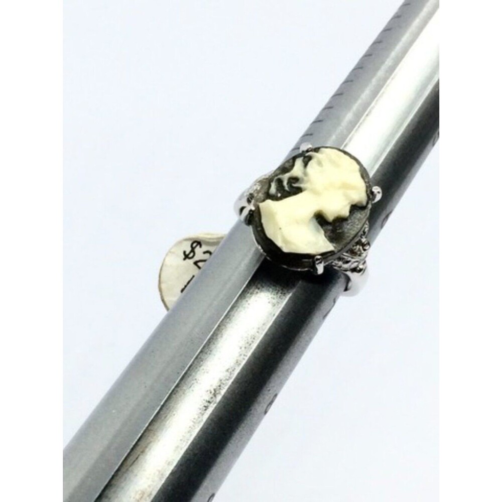 Vintage Cameo Ring 14k GE Silver Tone Resin Black Statement Lady 6.75 - Picture 11 of 15